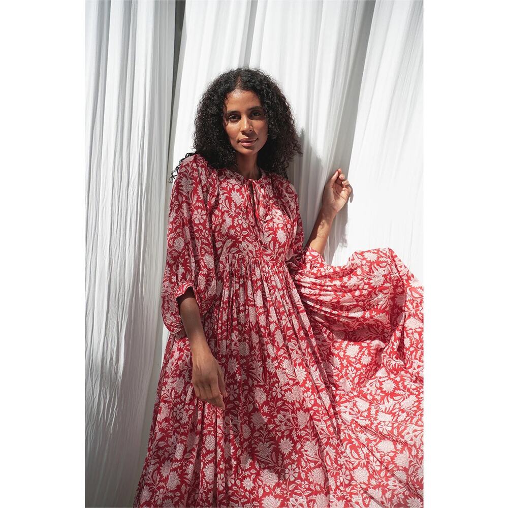 DAUGHTERS OF INDIA NWT Kyra Midi Dress Saffron Red Sz XL Block Print 100% Cotton - Picture 14 of 14